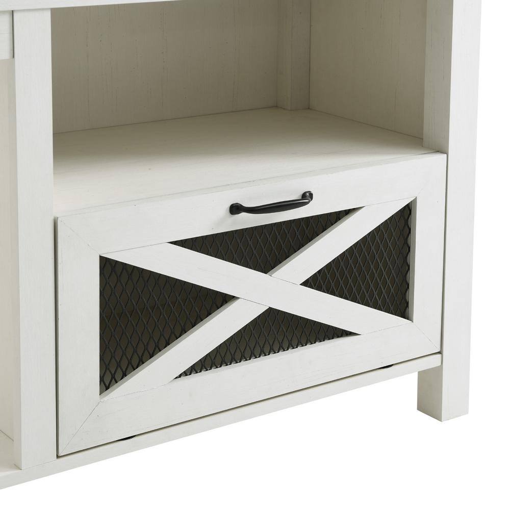 Brushed White 70" TV Stand with Electric Fireplace and Mesh Cabinets