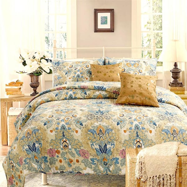 Cozy Line Home Fashions Vintage Luxury Classic 3-Piece Beige Yellow Beige Blue Floral Garden Cotton King Quilt Bedding Set