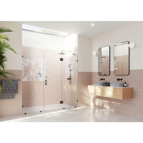 Glass Warehouse Stellar 81.25 in. W x 78 in. H Glass Hinged Pivot Frameless 3-Panel Inline Shower Door in Oil Rubbed Bronze