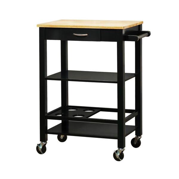 HomeSullivan Mobile Kitchen Cart with Natural Wood Top in Black