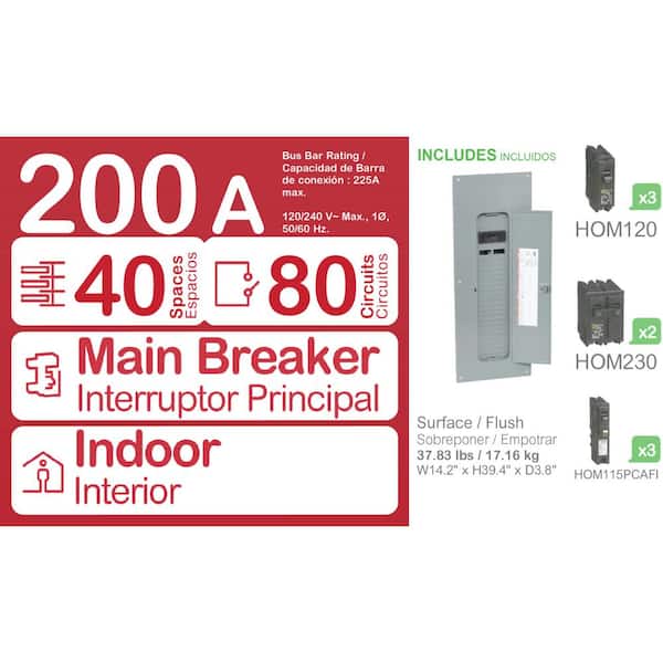 Homeline 200 Amp 40-Space 80-Circuit Indoor Main Breaker Plug-On Neutral Load Center, Cover, 3ct CAFI breaker Value Pack