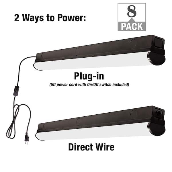 Commercial Electric 2 ft. 32-Watt Equivalent Linkable Plug-in Hardwire Integrated LED Matte Black Strip Light Fixture 1800 Lumens (8-Pack)