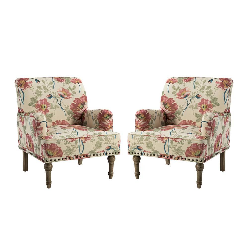 Jayden Creation Latina Red Floral Patterns Armchair With Nailhead Trim And Turned Solid Wood
