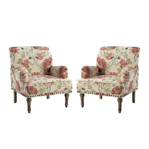 Latina Red Floral Patterns Armchair with Nailhead Trim and Turned Solid Wood Legs Set of 2
