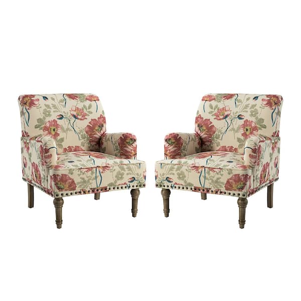 JAYDEN CREATION Latina Red Floral Patterns Armchair with Nailhead Trim and Turned Solid Wood Legs Set of 2