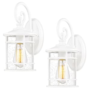 12.4 in. White Modern Outdoor Hardwired Wall Lantern Sconce with Seeded Glass and No Bulbs Included (2 Pack)