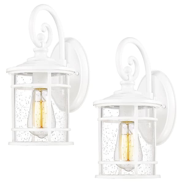JAZAVA 12.4 in. White Modern Outdoor Hardwired Wall Lantern Sconce with Seeded Glass and No Bulbs Included (2 Pack)