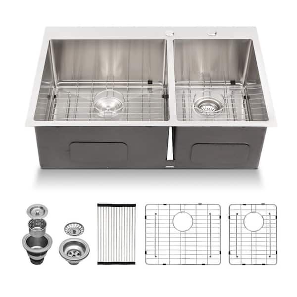 LORDEAR 33 in. Drop in Double Bowl 16-Gauge Stainless Steel Kitchen Sink with Bottom Grids