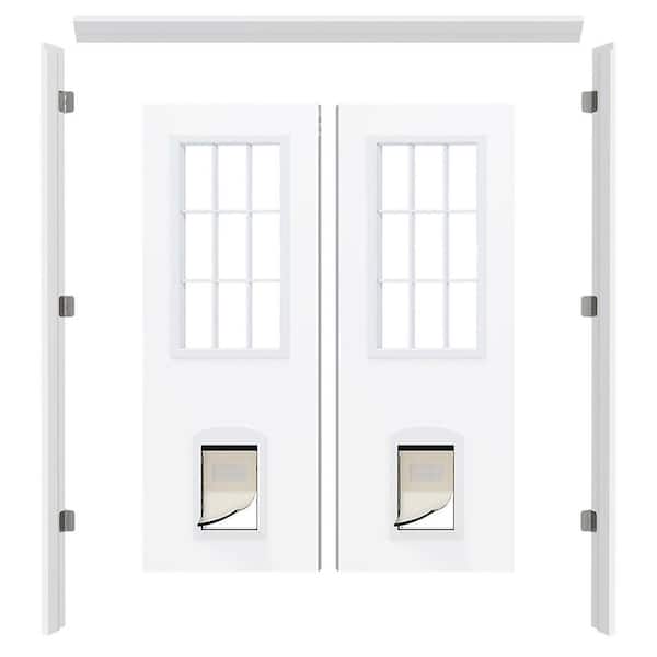 60 in. x 80 in. 9-Lite Clear Glass Front Door with Pet Door, Door Header, Legs (Pre-Installed Hinge) and Flush Bolts