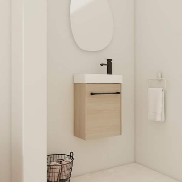 16.1 in. W x 8.9 in. D x 22.8 in. H Single Sink Bathroom Vanity in Light Brown with White Ceramic Top For Small Bathroom