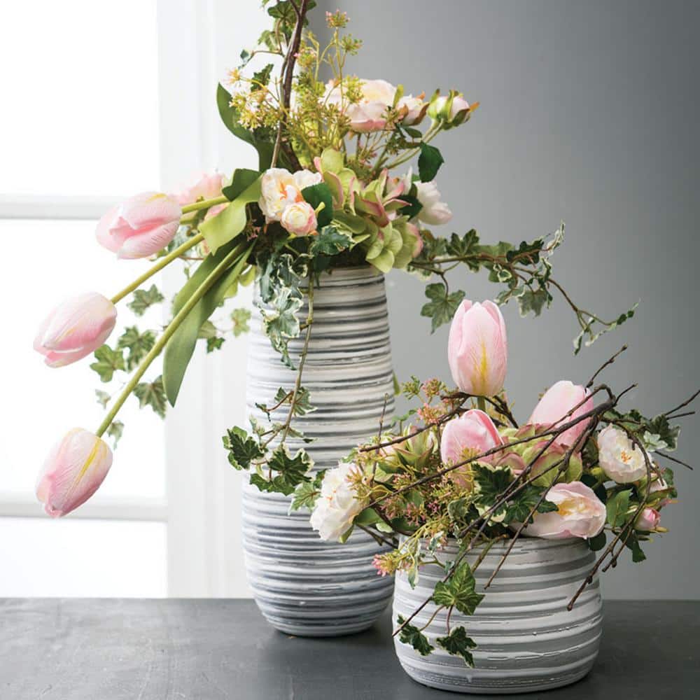 Gray and White Striped Ceramic Decorative Vase 12"