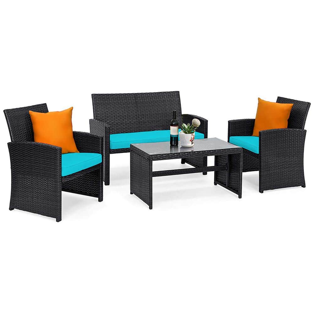 Turquoise Cushioned Black Wicker 4-Piece Patio Conversation Set