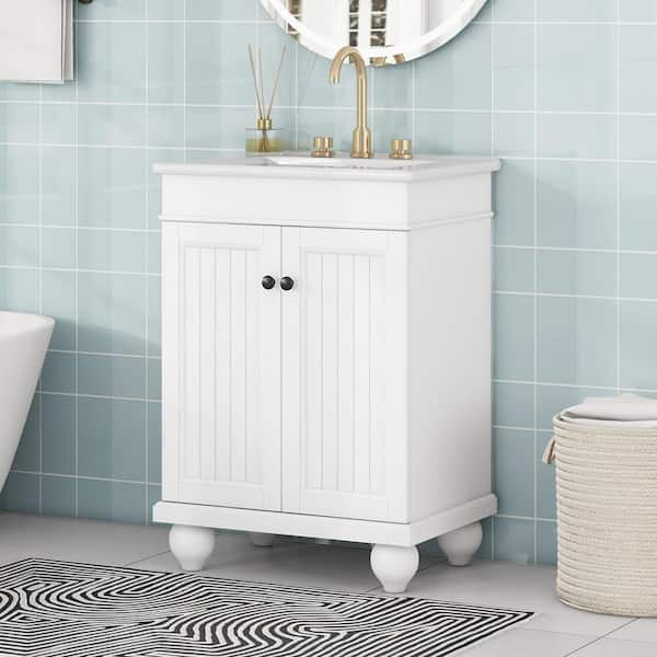24 in. W x 18 in. D x 34 in. H White Linen Cabinet, 24 in. White Modern Sleek Bathroom Vanity Elegant Ceramic Sink
