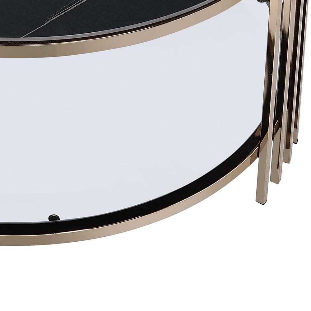 Round Black Sintered Stone and Glass Coffee Table with Champagne Finish