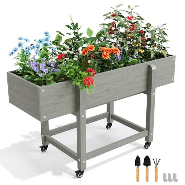 LUE BONA 48 in. x 16.7 in. x 28 in. Grey Plastic Raised Garden Bed with Lockable Wheels, Liner