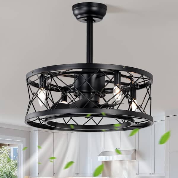 20 in. Indoor Matte Black Semi-Enclosed Ceiling Fan Farmhouse Caged Ceiling Fan with Light kit and Remote Control