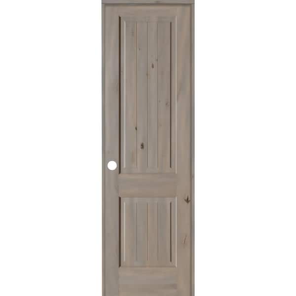 Krosswood Doors 28 in. x 96 in. Knotty Alder 2 Panel Right-Hand Square Top V-Groove Grey Stain Solid Wood Single Prehung Interior Door