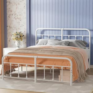 Victorian Bed Frame With Heavy Duty, White Metal Frame King Size Platform Bed With headboard，Under Bed Storage