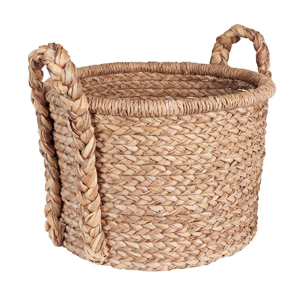 Handwoven Water Hyacinth Round Wicker Storage Basket with Braided Handles