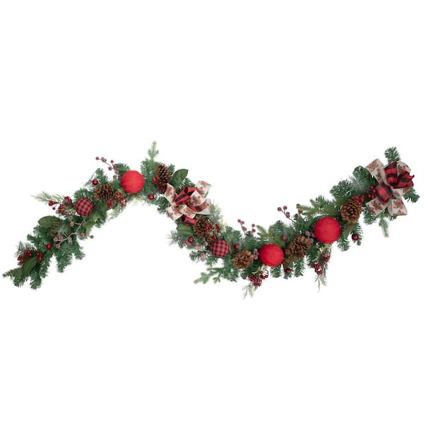 6 ft. Green Pine Artificial Christmas Garland with Plaid Ornaments and Bows