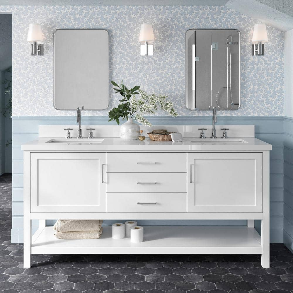 Bayhill 73 in. W x 22 in. D x 36 in. H Bath Vanity in White with Pure Pure White Quartz Top -  ARIEL, R073DWQRVOWHT