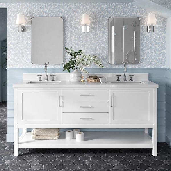 ARIEL Bayhill 73 in. W x 22 in. D x 36 in. H Bath Vanity in White with Pure Pure White Quartz Top