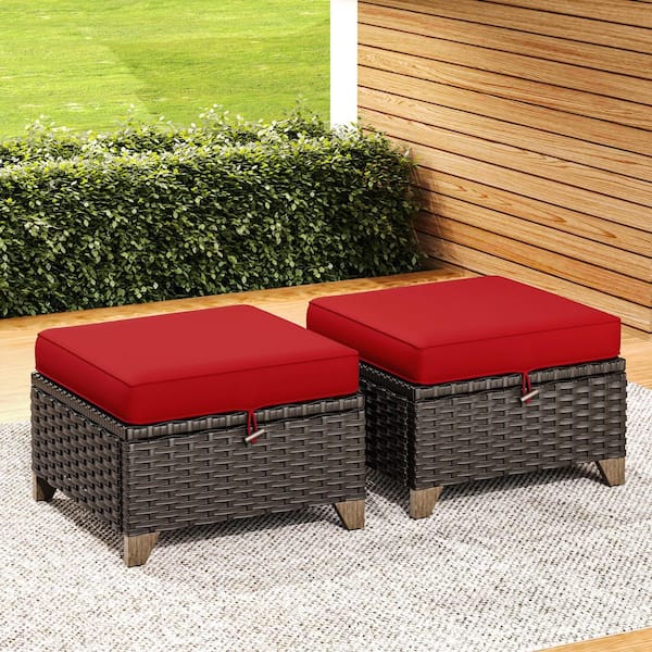 Brown Wicker Outdoor Patio Ottoman with Red Cushions (Set of 2)