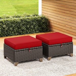 Wicker Outdoor Patio Ottoman with Red Cushions (Set of 2)
