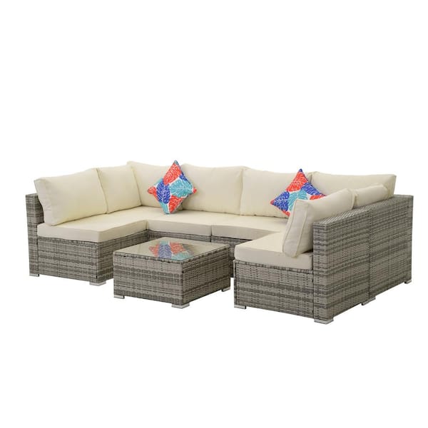 Mondawe 7-Piece Gray PE Rattan Wicker Outdoor Sectional Sofa Set with Beige Cushion and Tempered Glass Coffee Table
