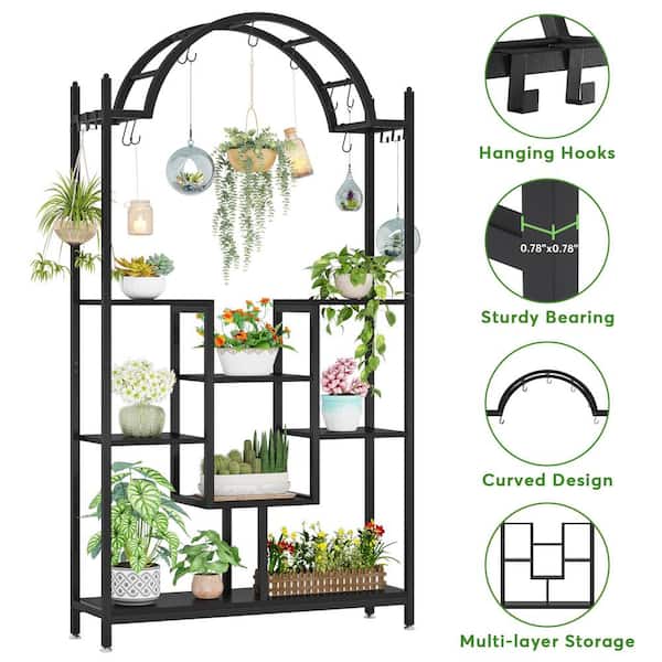 Wellston 74.8 in. Black 5-Tier Speicalty Indoor Plant Stand Flower Rack with Side Hanging Hooks and S-Hooks