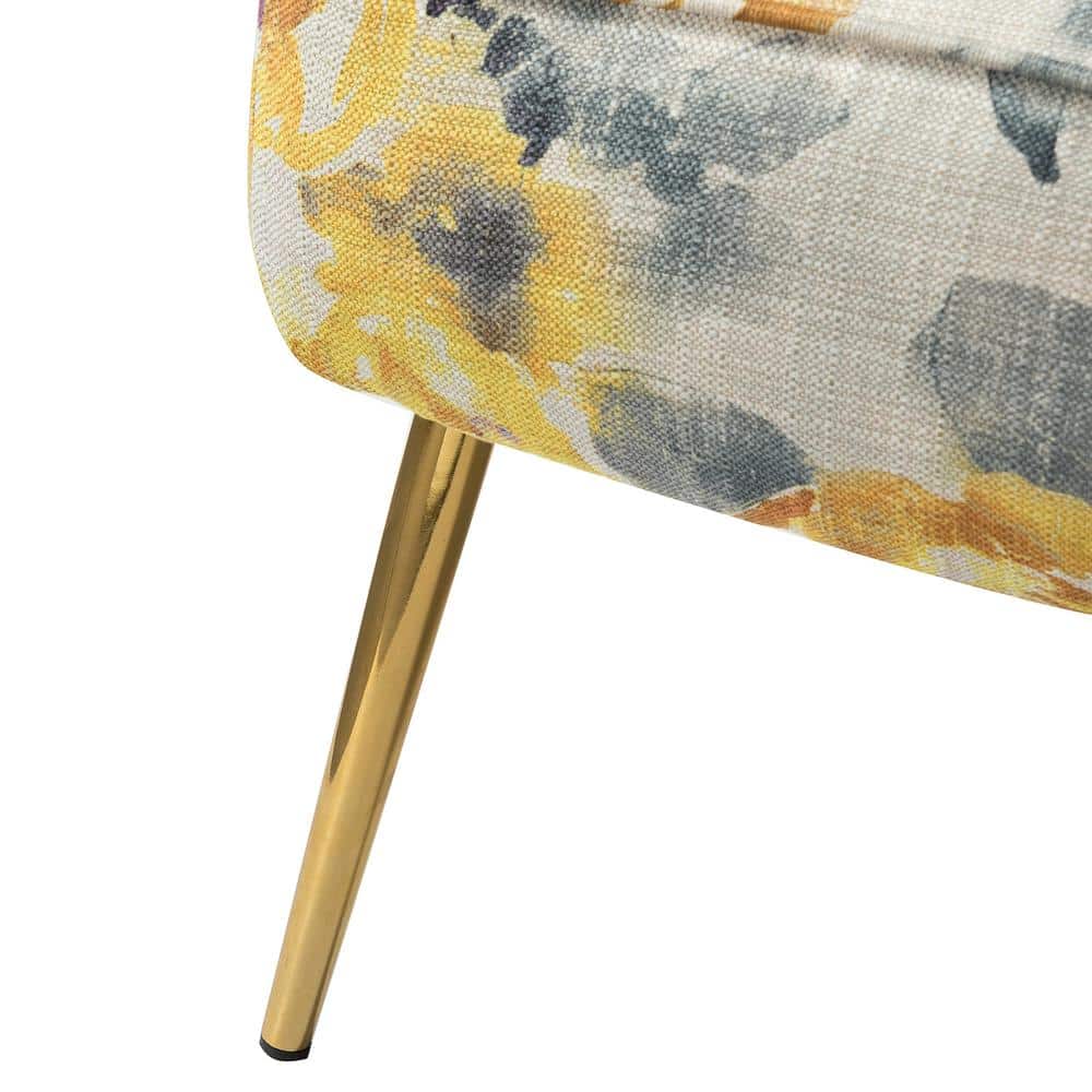 Yellow Floral Tufted Slipper Chair with Gold Metal Legs