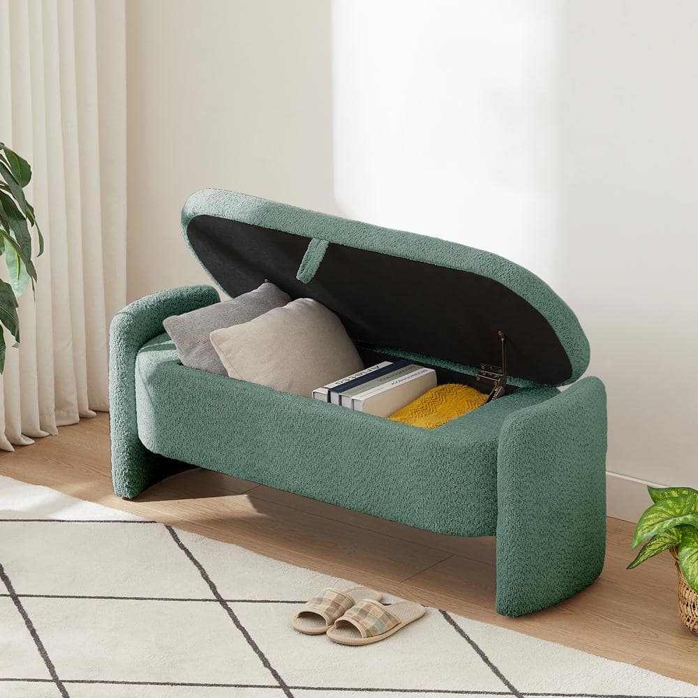 Dark Green 47 in. 3D Lamb Fleece Fabric Bedroom Bench Upholstered Ottoman with Large Storage