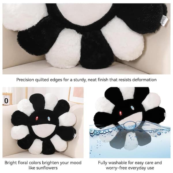 15.7 Inch Flower Throw Pillow, Soft Plush Floor Cushion, Black and