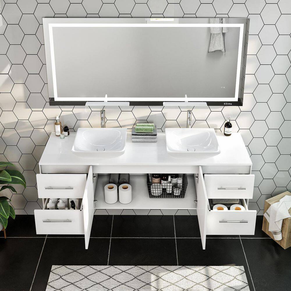 Wave 60" White Modern Double Sink Wall-Mount Bathroom Vanity