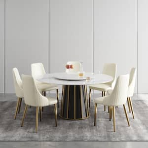 59.05in. Modern Round White Sintered Stone Top Dining Table with Carbon Steel Base Seats (Seats 8)