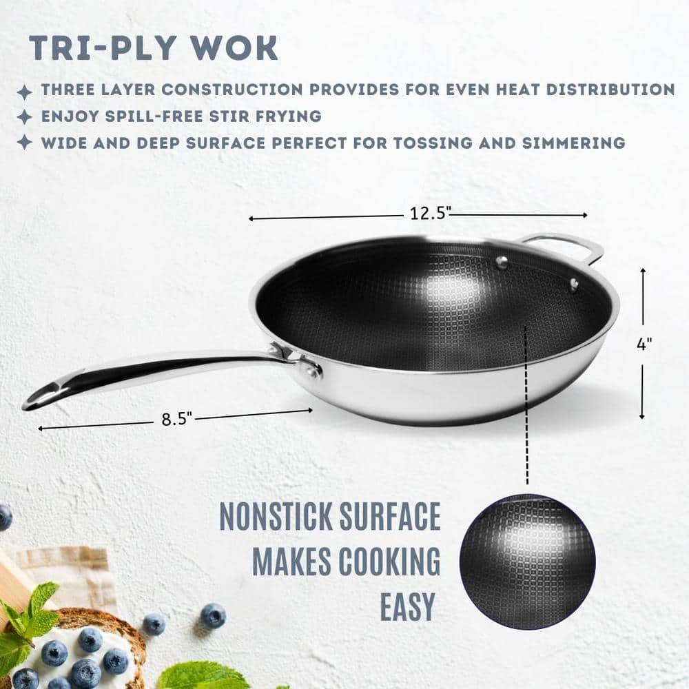 Lexi Home 5-Quart Stainless Steel Nonstick Wok with Glass Lid