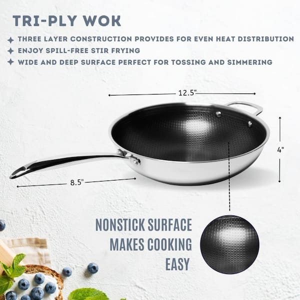 Kenmore Elite Luke 12 in. Non-Stick Tri-Ply Stainless Steel Wok with Glass Lid