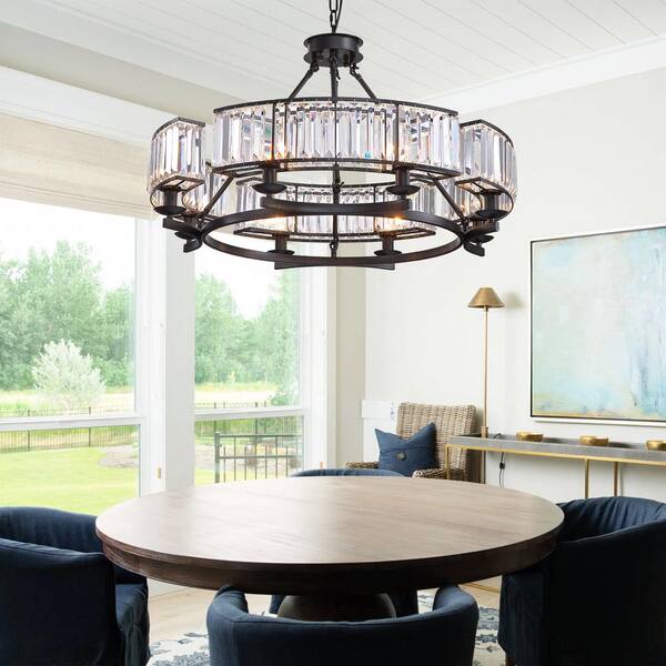 SILJOY Modern Crystal Chandelier 26 In. 6-Light Black Drum Pendant ...