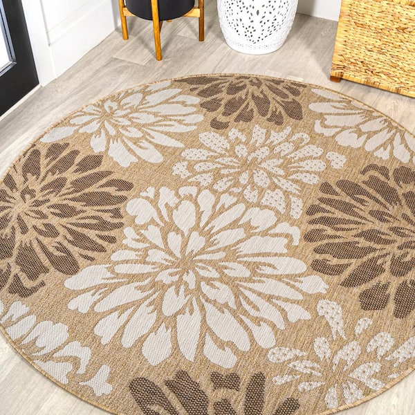 JONATHAN Y Zinnia Modern Floral Textured Weave Brown/Cream 5 ft. Round Indoor/Outdoor Area Rug