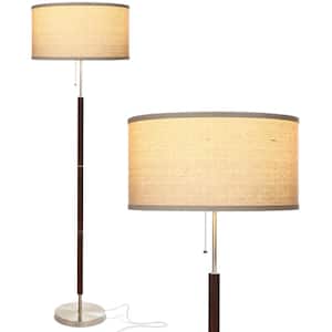 Carter 65 in. Walnut Brown Mid-Century Modern 1-Light LED Energy Efficient Floor Lamp with Beige Fabric Drum Shade