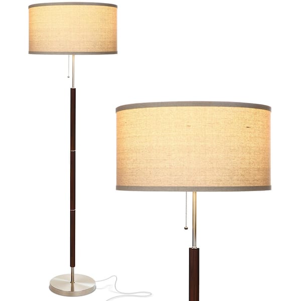 Brightech Carter 65 in. Walnut Brown Mid-Century Modern 1-Light LED Energy Efficient Floor Lamp with Beige Fabric Drum Shade