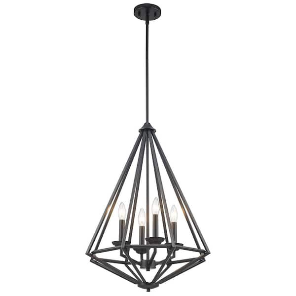 Home Decorators Collection Hubley 4-Light Triangular Black Pendant Light Fixture with Metal Cage Shade