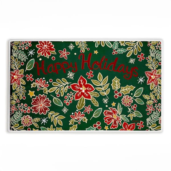 Holiday Poinsettia Greeting 18 in. x 30 in. Green Floral Polyester Blend Rectangle Bath Mat