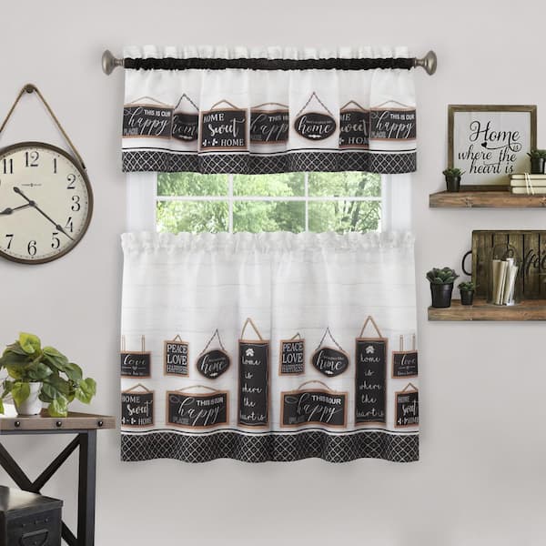 Modern Farmhouse Black Polyester Light Filtering Rod Pocket Tier and Valance Curtain Set 58 in. W x 36 in. L