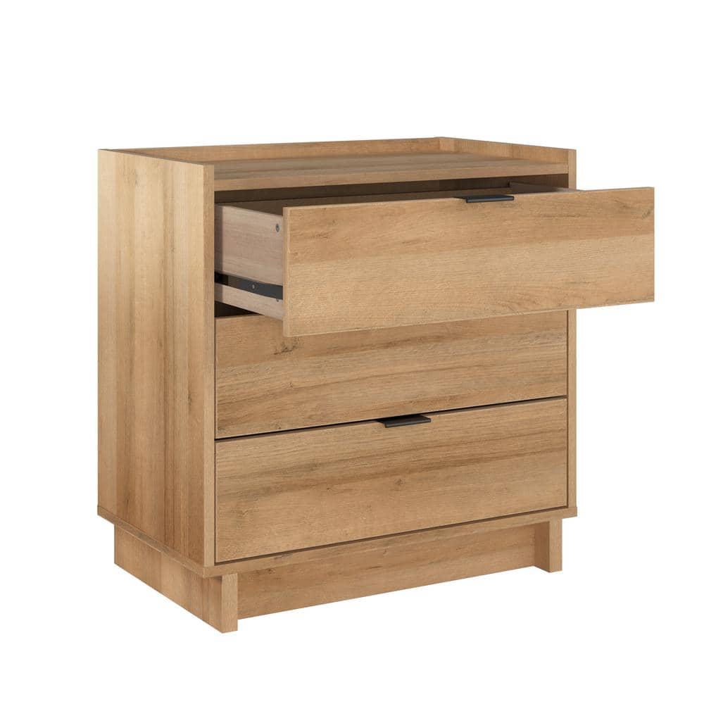 Natural Oak 3-Drawer Nightstand with Integrated Pulls