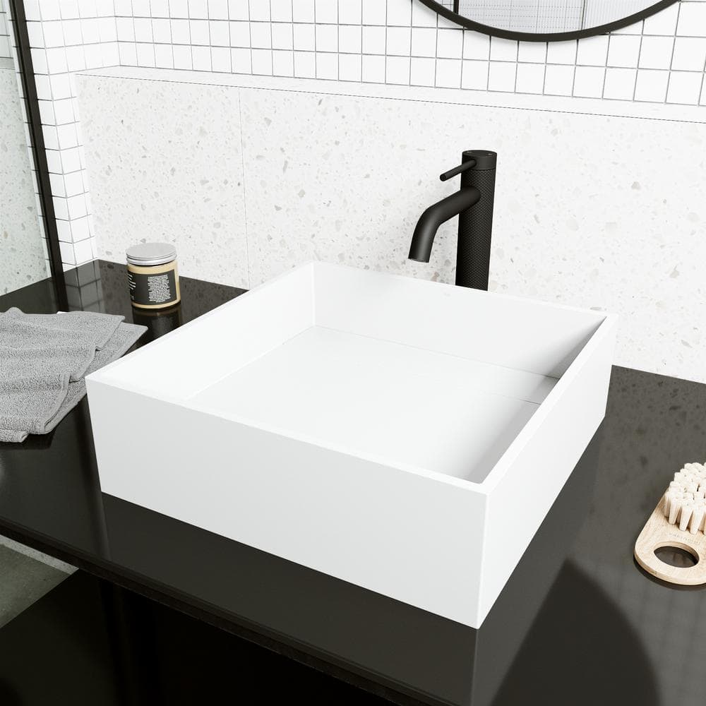 VIGO Matte Stone Montauk Composite Square Vessel Bathroom Sink in White with Lexington Faucet and Drain in Matte Black