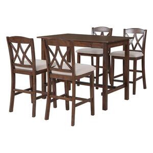 5-Piece Brown Wood Dining Set with 4-Upholstered Chairs and 1-Storage Drawer