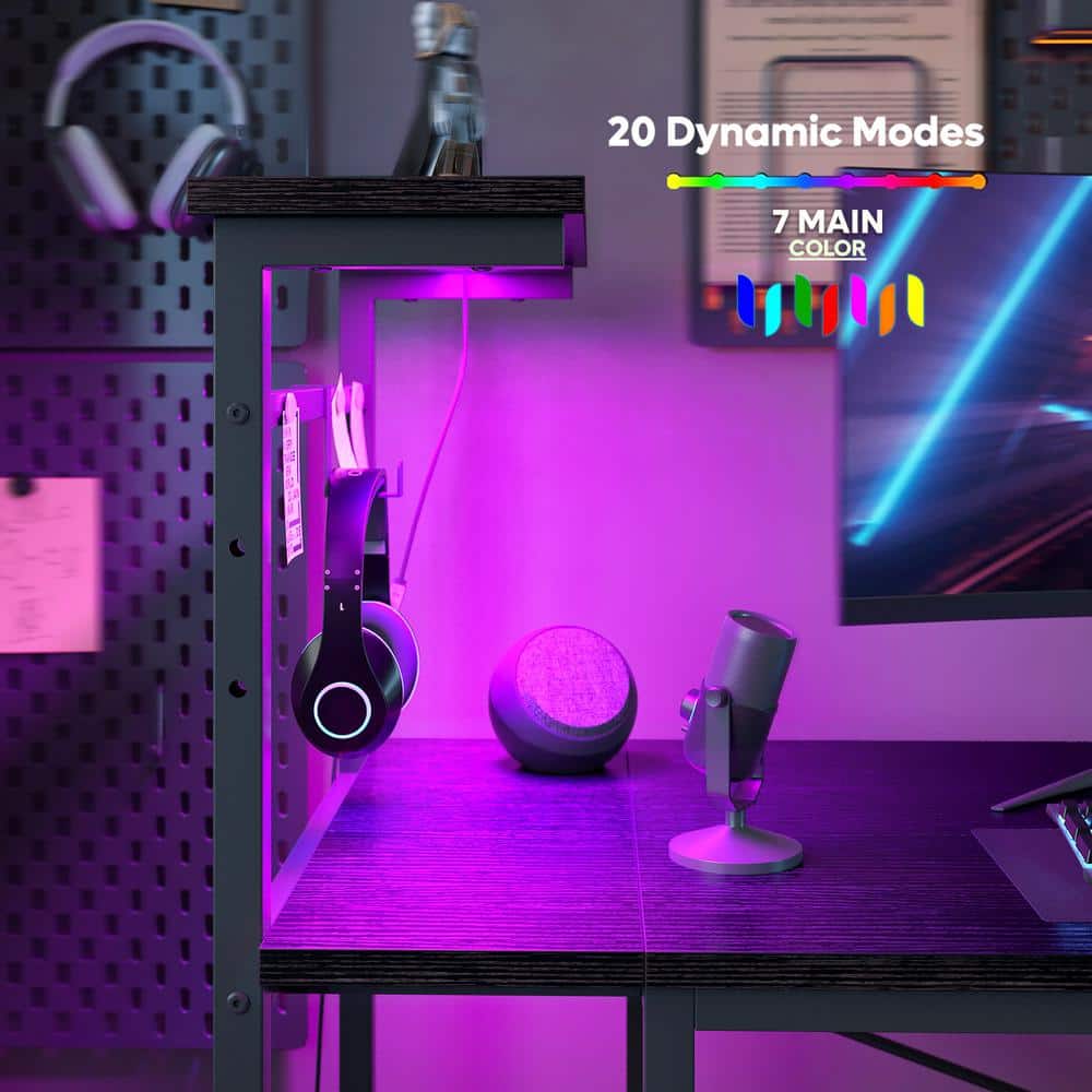 Black 52-Inch Wood Gaming Computer Desk with LED Lights and Shelves