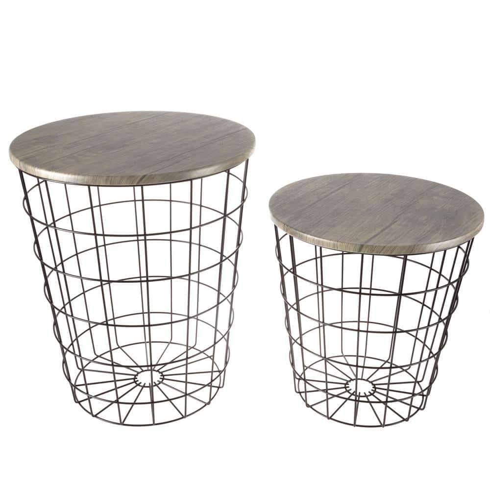 Gray Round Wood and Metal Nesting End Tables with Storage