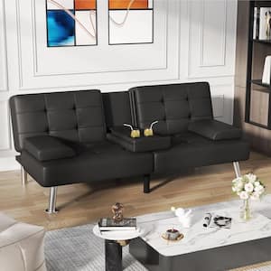 65 in. Convertible Folding Futon Sofa Bed, Black Faux Leather Upholstered Roomy Love Seat